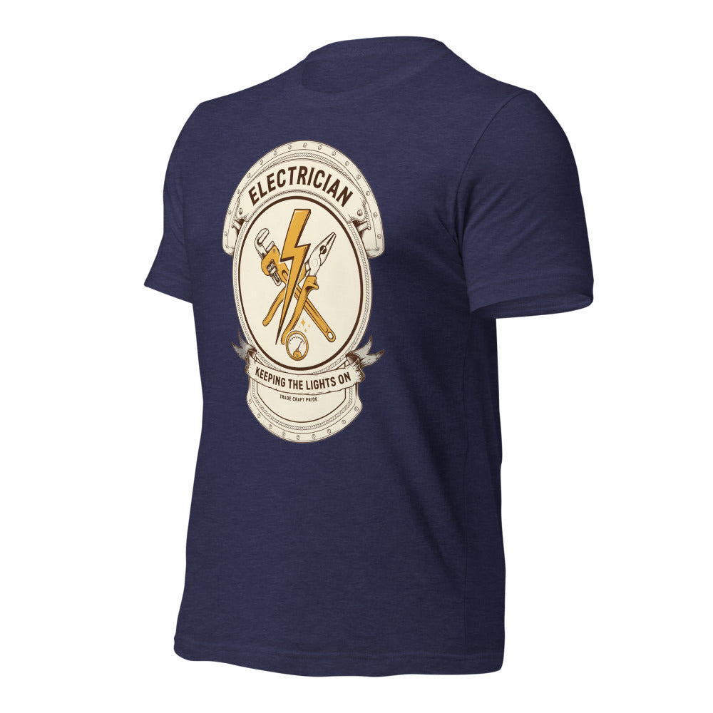 Electrician Journeyman trade crest tee — Heather Midnight Navy, front-right