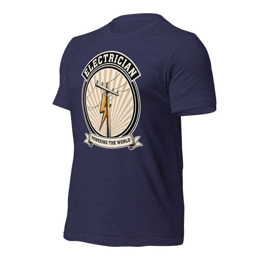 Powering The World electrician emblem tee — Heather Midnight Navy, front-right