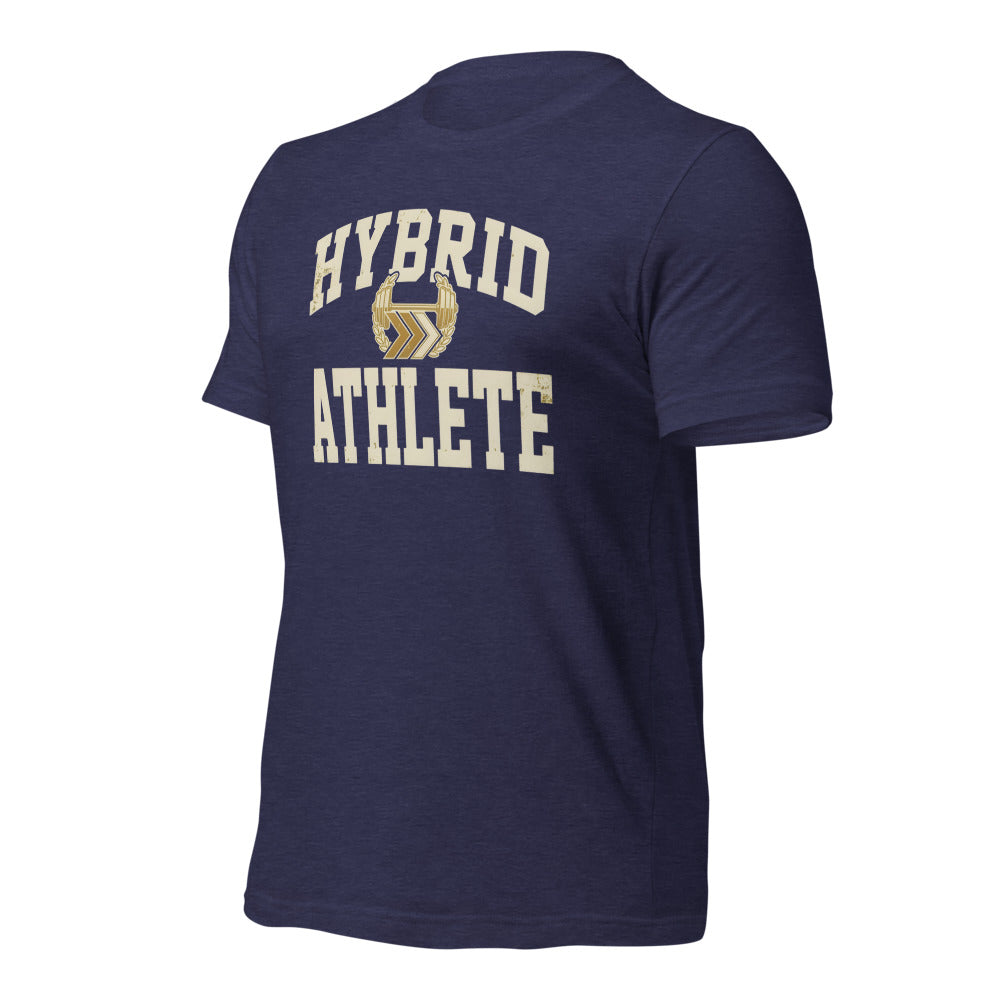 Hybrid Athlete vintage varsity tee — Heather Midnight Navy, front-right