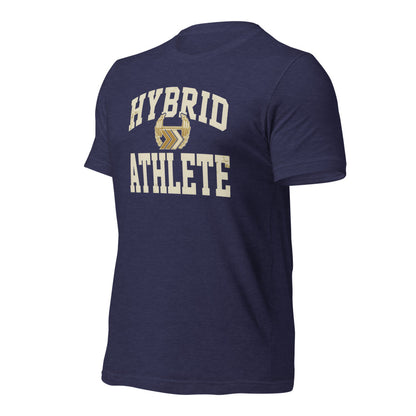 Hybrid Athlete vintage varsity tee — Heather Midnight Navy, front-right