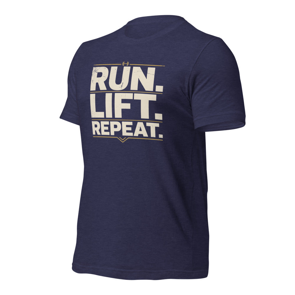 Run Lift Repeat vintage athletic tee — Heather Midnight Navy, front-right