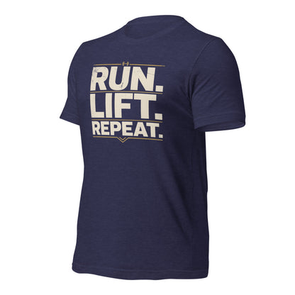 Run Lift Repeat vintage athletic tee — Heather Midnight Navy, front-right
