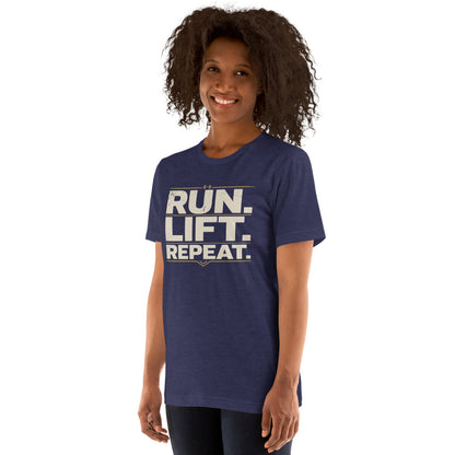 Run Lift Repeat vintage athletic tee — Heather Midnight Navy, on model
