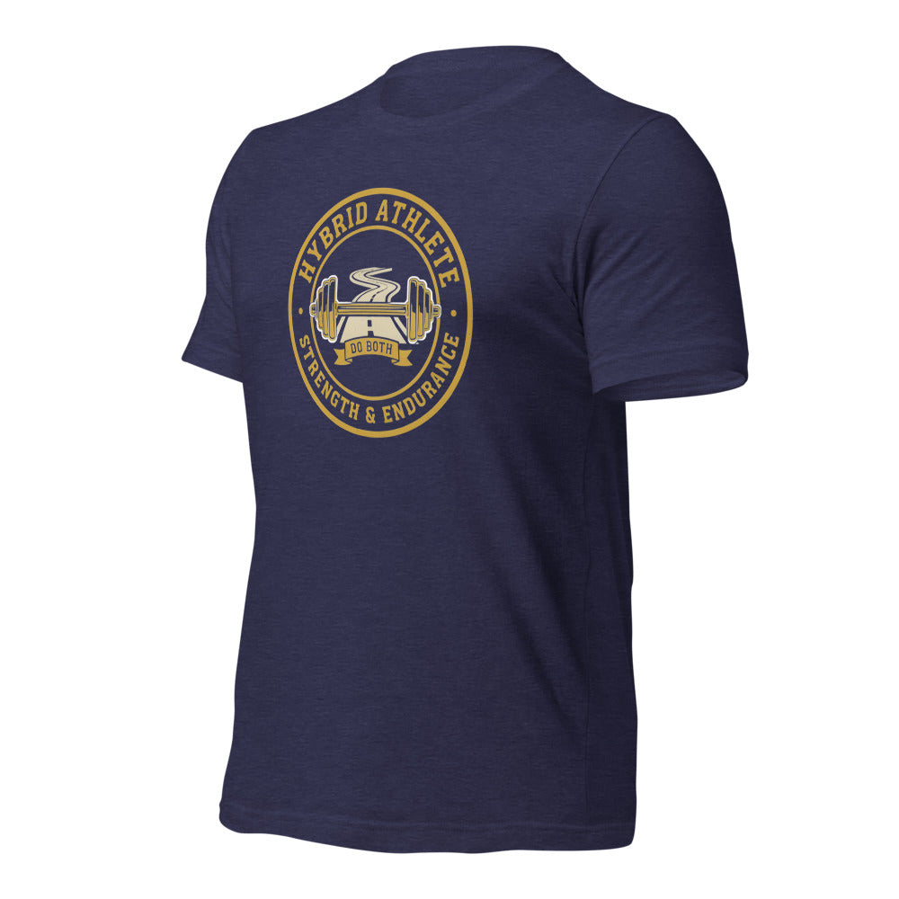 Hybrid Athlete vintage athletic-department crest tee — Heather Midnight Navy, front-right