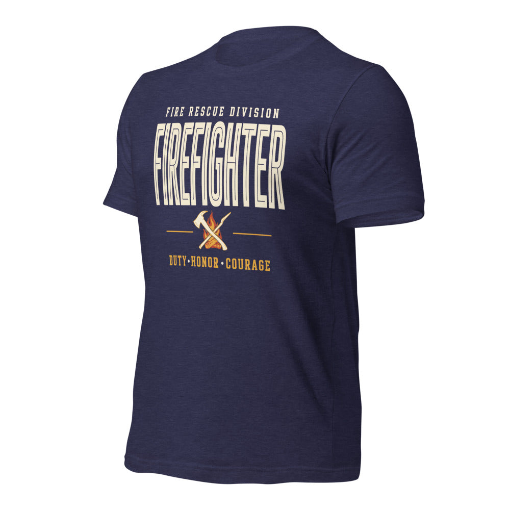 Firefighter collegiate wordmark retro fire-rescue tee — Heather Midnight Navy, front-right