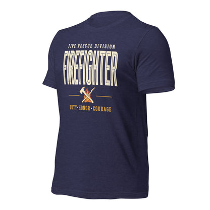 Firefighter collegiate wordmark retro fire-rescue tee — Heather Midnight Navy, front-right