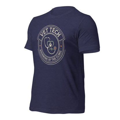 Vet Tech Crest retro veterinary technician tee — Heather Midnight Navy, front-right