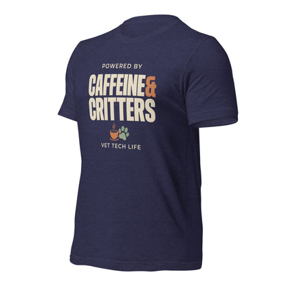Powered by Caffeine & Critters funny vet tech tee — Heather Midnight Navy, front-right