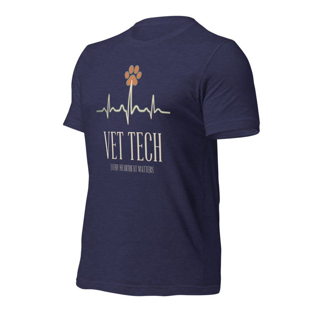 Every Heartbeat Matters minimalist vet tech tee — Heather Midnight Navy, front-right