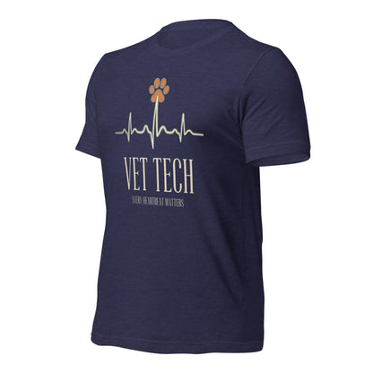 Every Heartbeat Matters minimalist vet tech tee — Heather Midnight Navy, front-right