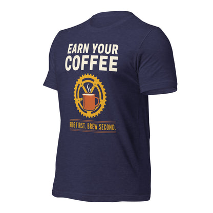 Earn Your Coffee retro cycling coffee t-shirt — Heather Midnight Navy, front-right