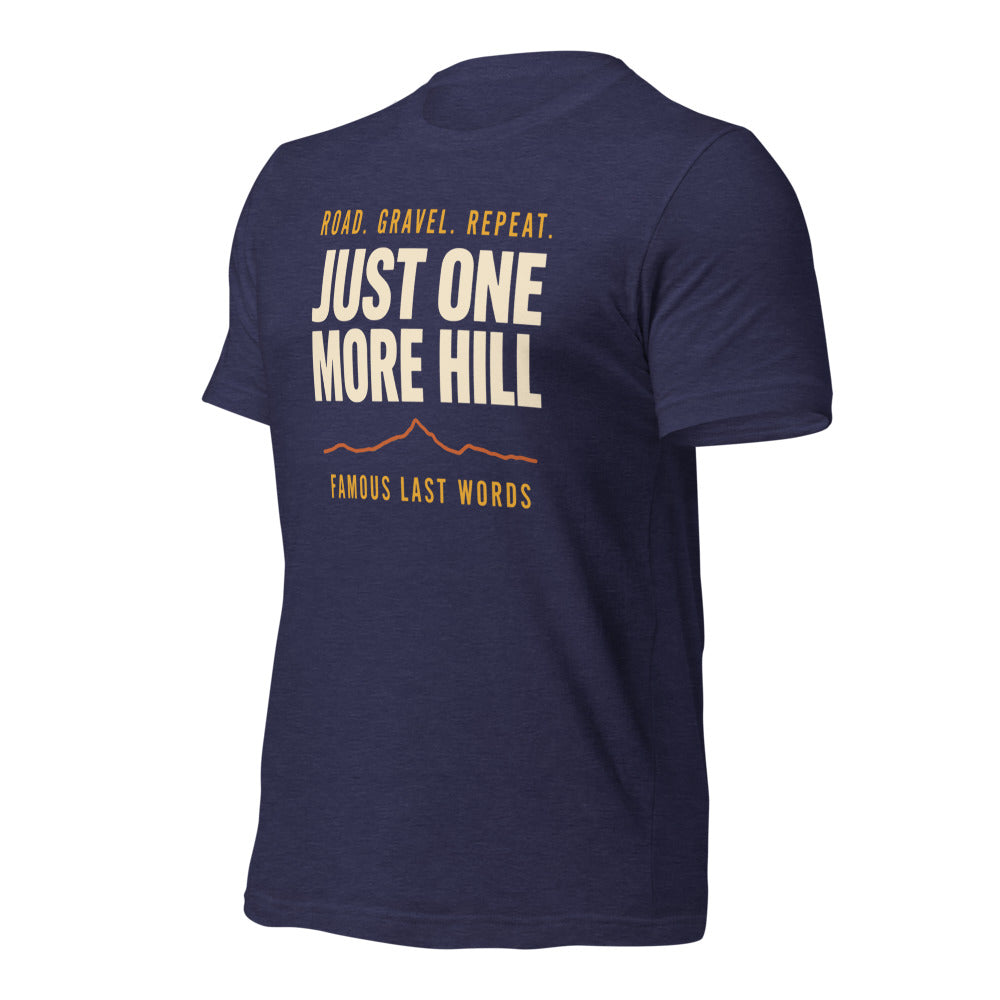 Just One More Hill retro cycling climb t-shirt — Heather Midnight Navy, front-right