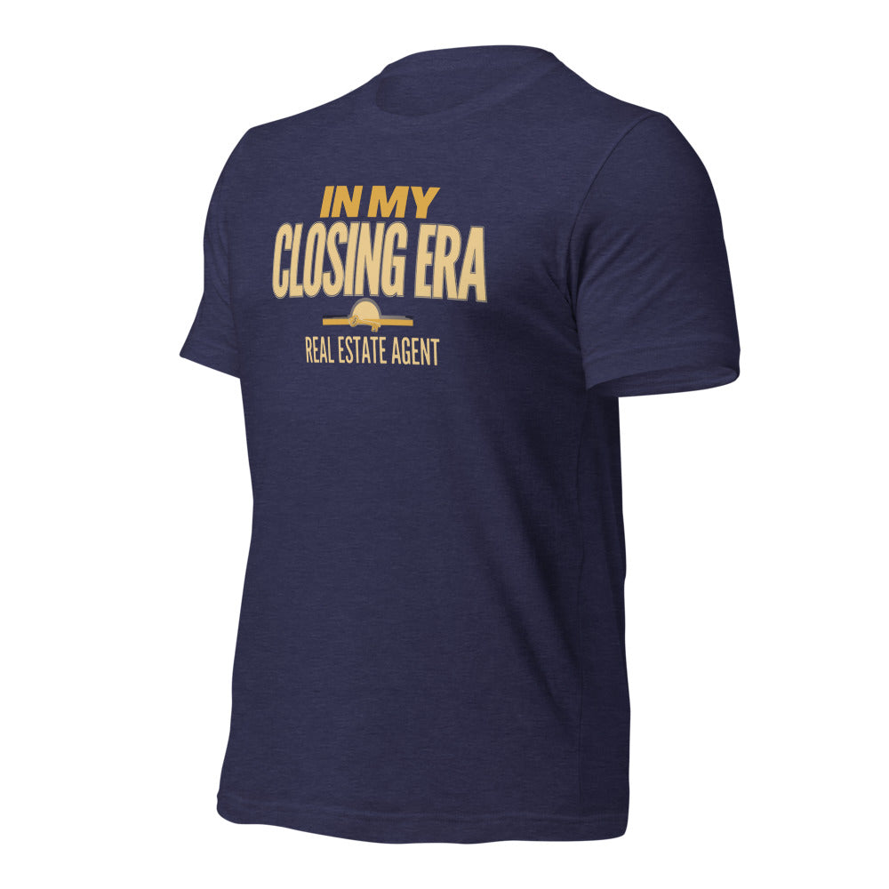 In My Closing Era real estate agent tee — Heather Midnight Navy, front-right