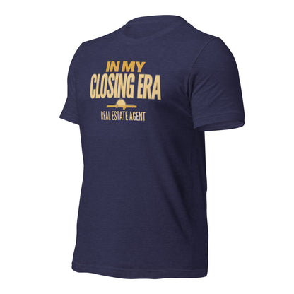 In My Closing Era real estate agent tee — Heather Midnight Navy, front-right