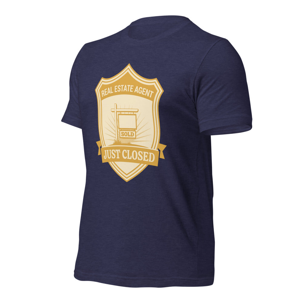 Just Closed real estate agent tee — Heather Midnight Navy, front-right