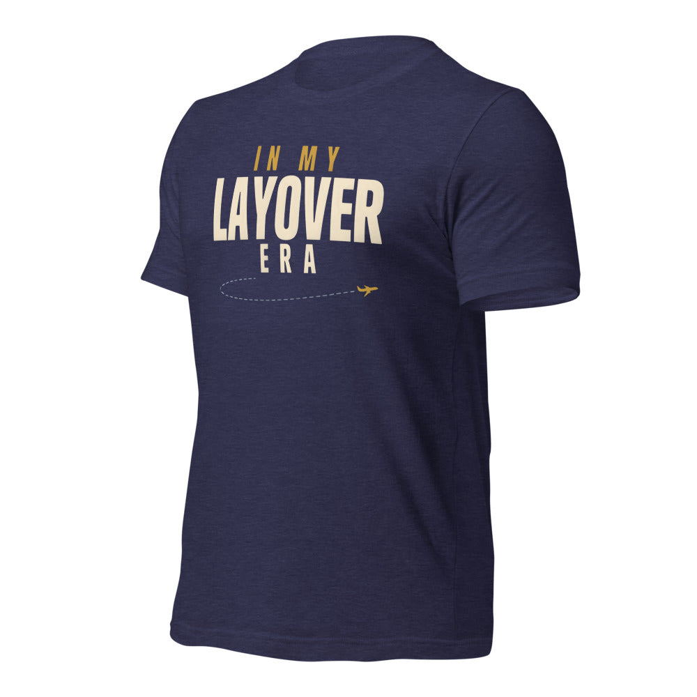 In My Layover Era flight attendant tee — Heather Midnight Navy, front-right