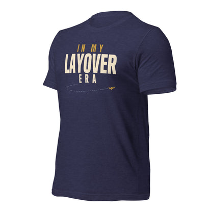 In My Layover Era flight attendant tee — Heather Midnight Navy, front-right