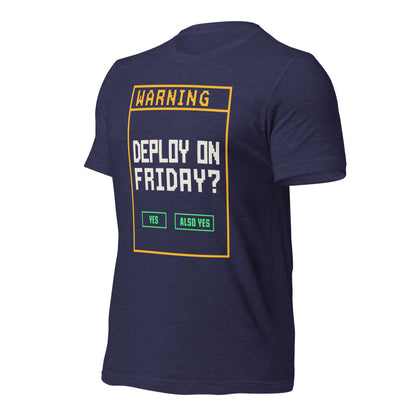 Deploy On Friday programmer tee — Heather Midnight Navy, front-right