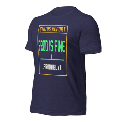 Prod Is Fine programmer tee — Heather Midnight Navy, front-right