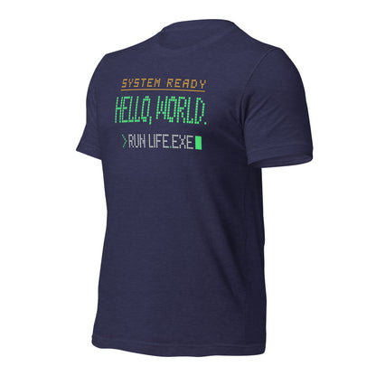 Hello World retro boot screen programmer tee — Heather Midnight Navy, front-right