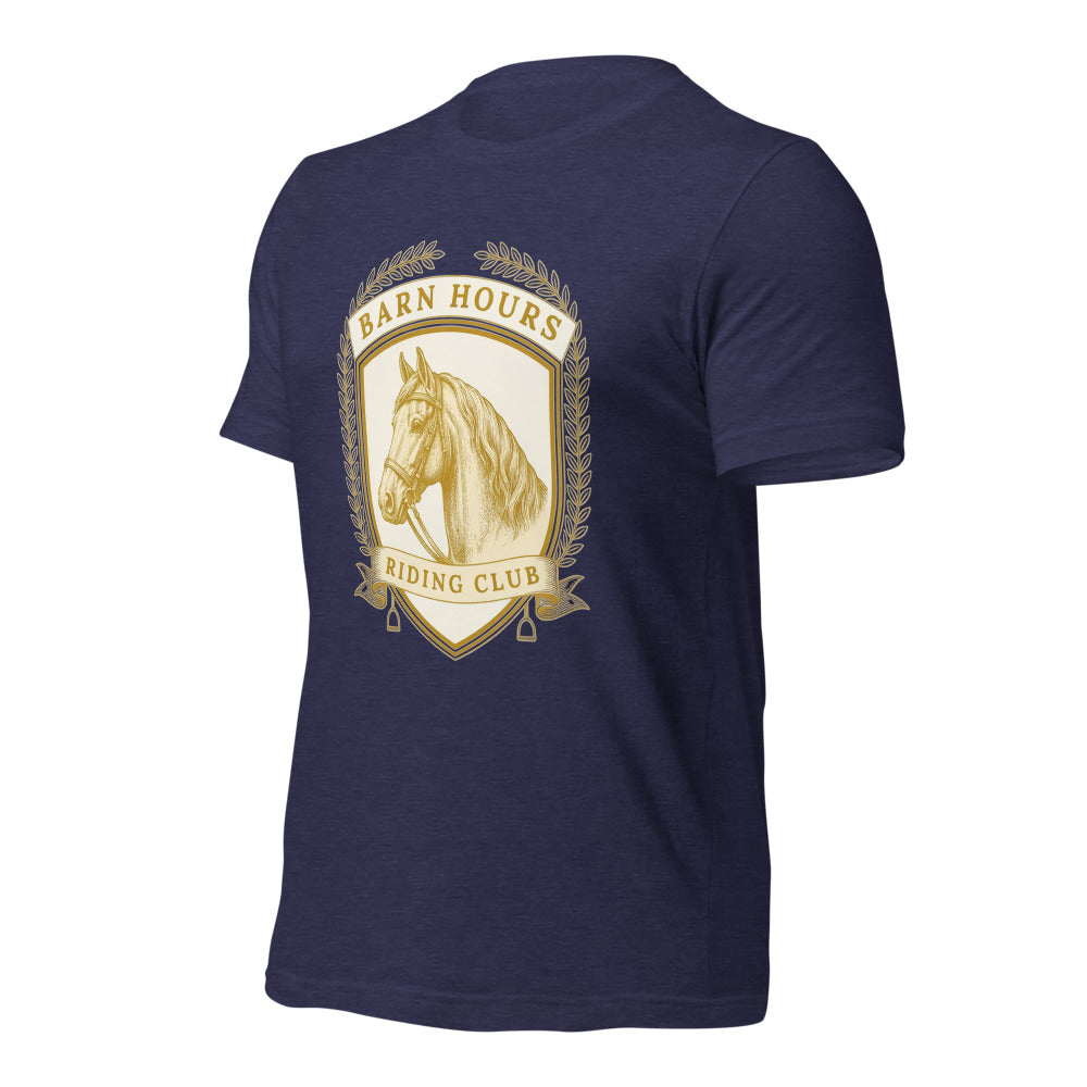 Barn Hours Riding Club vintage equestrian stable crest t-shirt — Heather Midnight Navy, front-right