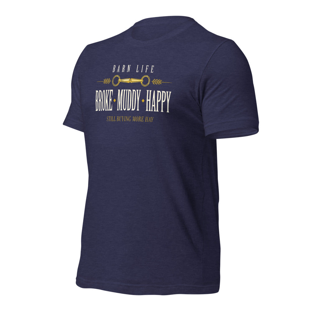 Broke Muddy Happy funny barn life equestrian t-shirt — Heather Midnight Navy, front-right