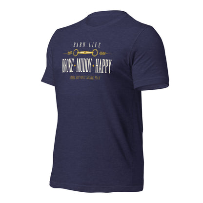 Broke Muddy Happy funny barn life equestrian t-shirt — Heather Midnight Navy, front-right