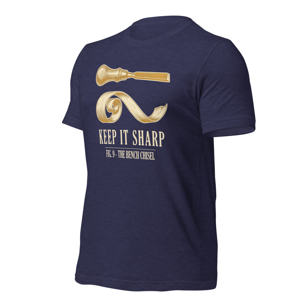 Keep It Sharp woodworking tee — Heather Midnight Navy, front-right