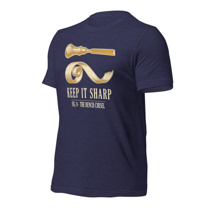 Keep It Sharp woodworking tee — Heather Midnight Navy, front-right