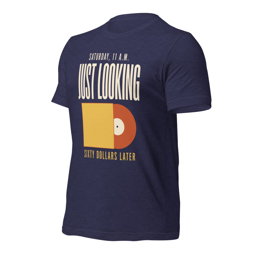 Just Looking Sixty Dollars Later vinyl record tee — Heather Midnight Navy, front-right