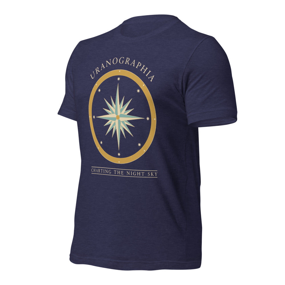 Uranographia vintage celestial chart astronomy tee — Heather Midnight Navy, front-right