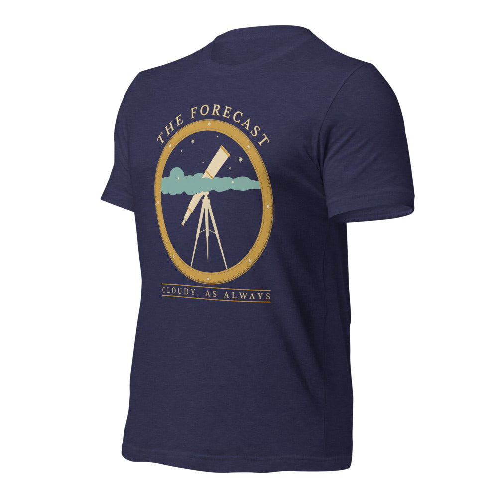 The Forecast Cloudy As Always funny astronomy tee — Heather Midnight Navy, front-right