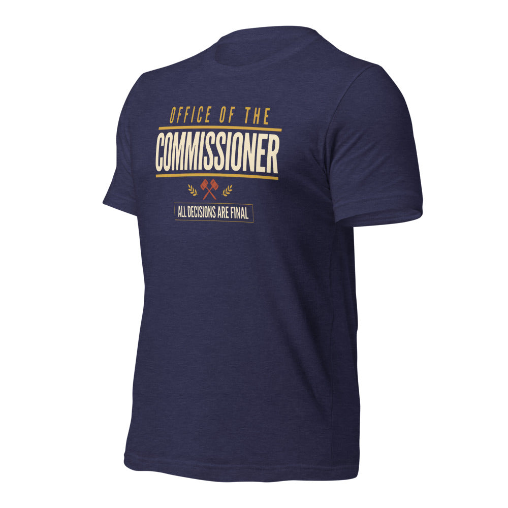 Office of the Commissioner fantasy football draft tee — Heather Midnight Navy, front-right