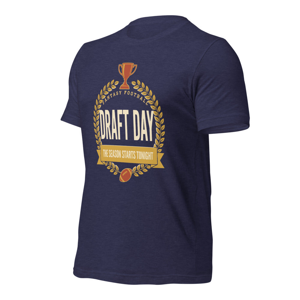 Draft Day Almanac vintage fantasy football draft tee — Heather Midnight Navy, front-right