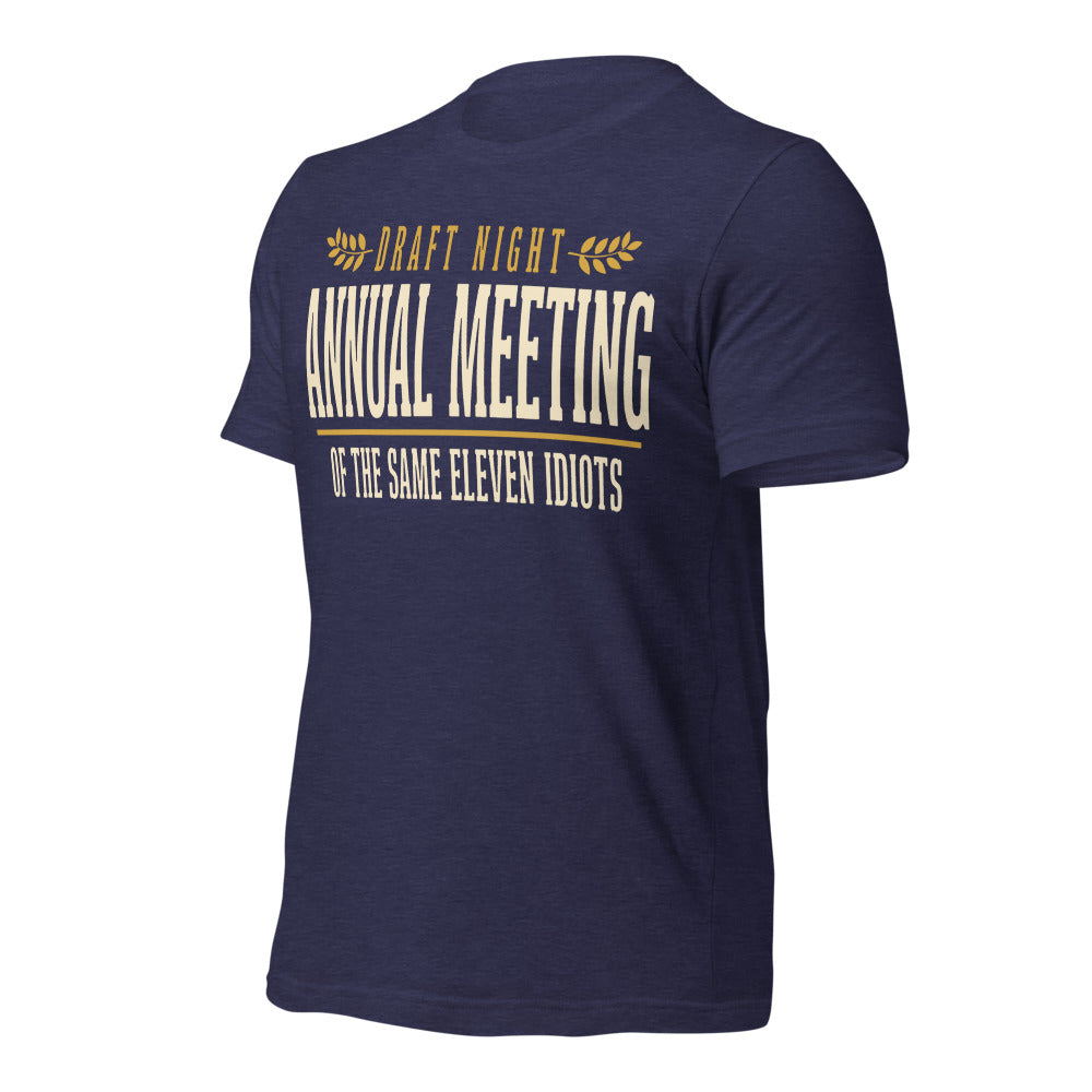 Annual Meeting of the Same Eleven Idiots funny fantasy football draft tee — Heather Midnight Navy, front-right