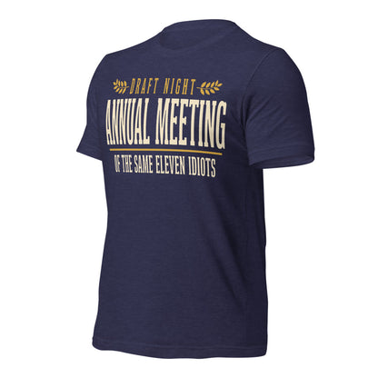 Annual Meeting of the Same Eleven Idiots funny fantasy football draft tee — Heather Midnight Navy, front-right