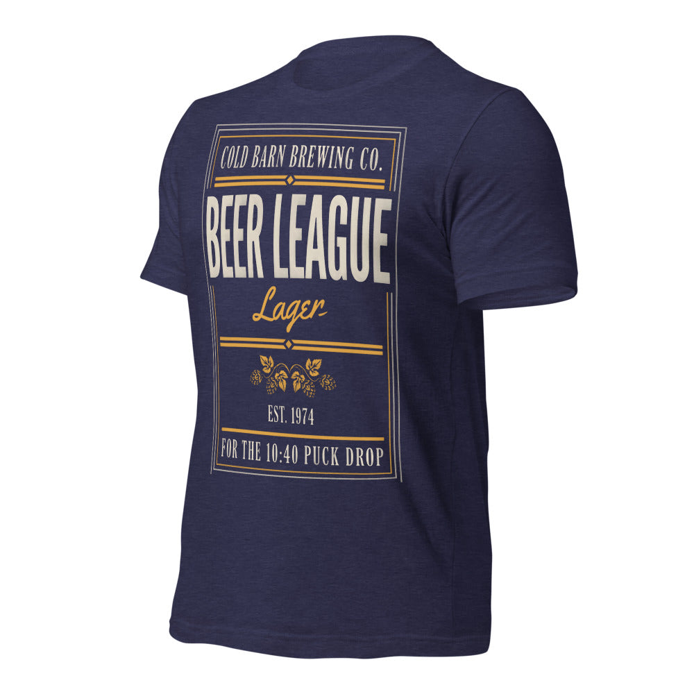Beer League Cold Barn Brewing lager t-shirt — Heather Midnight Navy, front-right