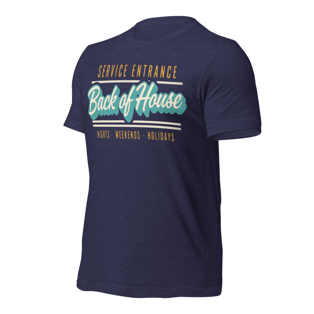 Line Cook Back of House retro diner service sign t-shirt — Heather Midnight Navy, front-right