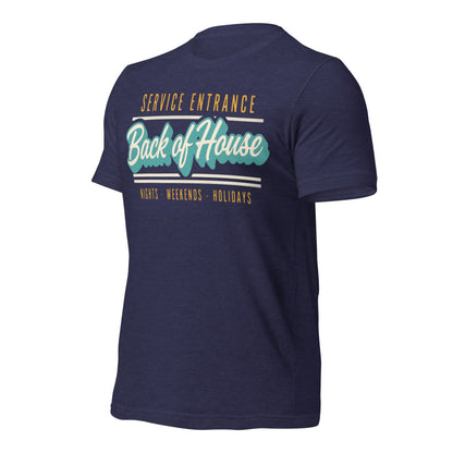 Line Cook Back of House retro diner service sign t-shirt — Heather Midnight Navy, front-right