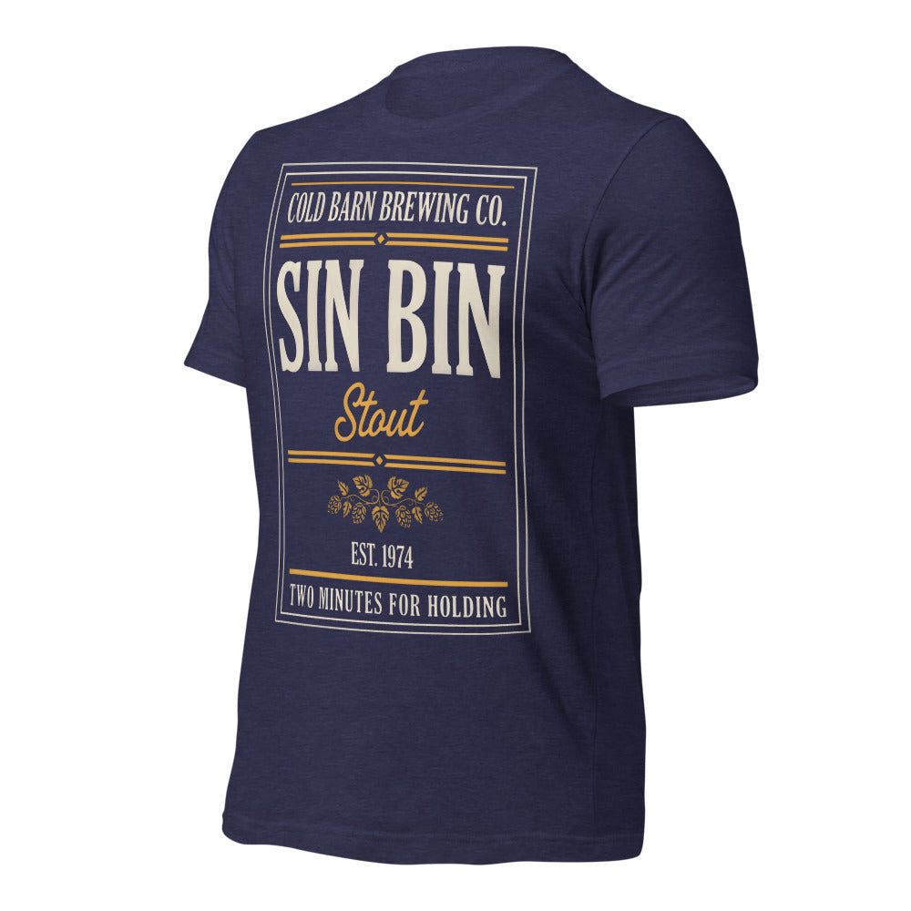 Beer League Sin Bin Stout brewery label t-shirt — Heather Midnight Navy, front-right