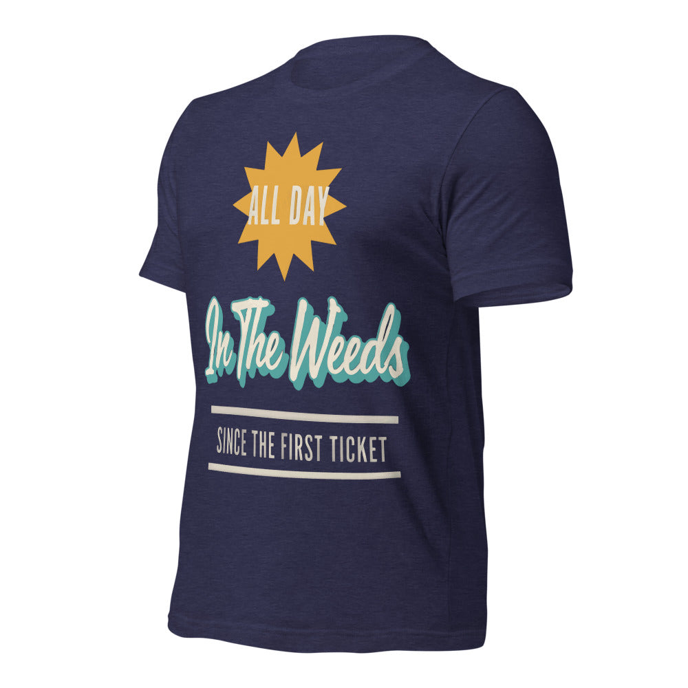 In The Weeds line cook retro diner service sign t-shirt — Heather Midnight Navy, front-right