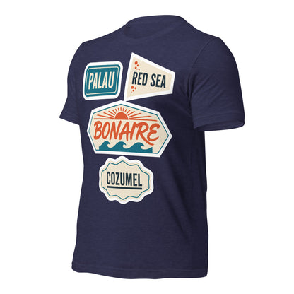 Vintage scuba diving dive sites travel decal t-shirt — Heather Midnight Navy, front-right