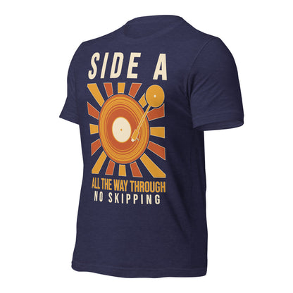 Side A No Skipping vinyl record tee — Heather Midnight Navy, front-right