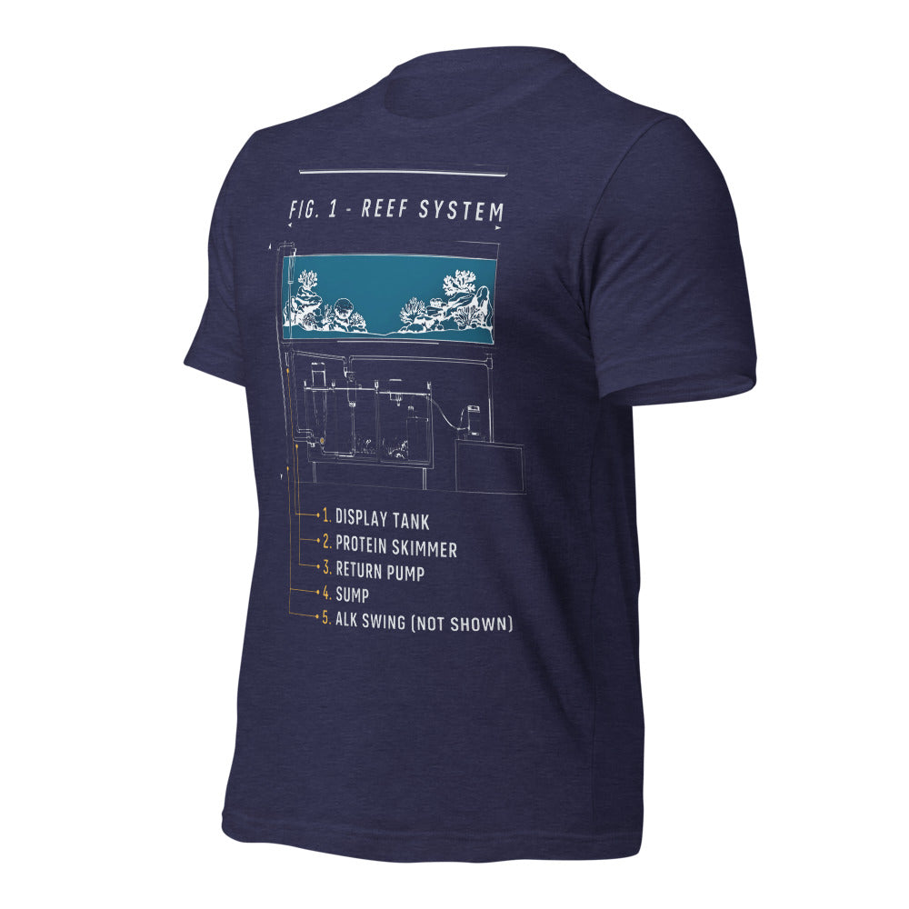 Reef System technical cutaway saltwater aquarium t-shirt — Heather Midnight Navy, front-right