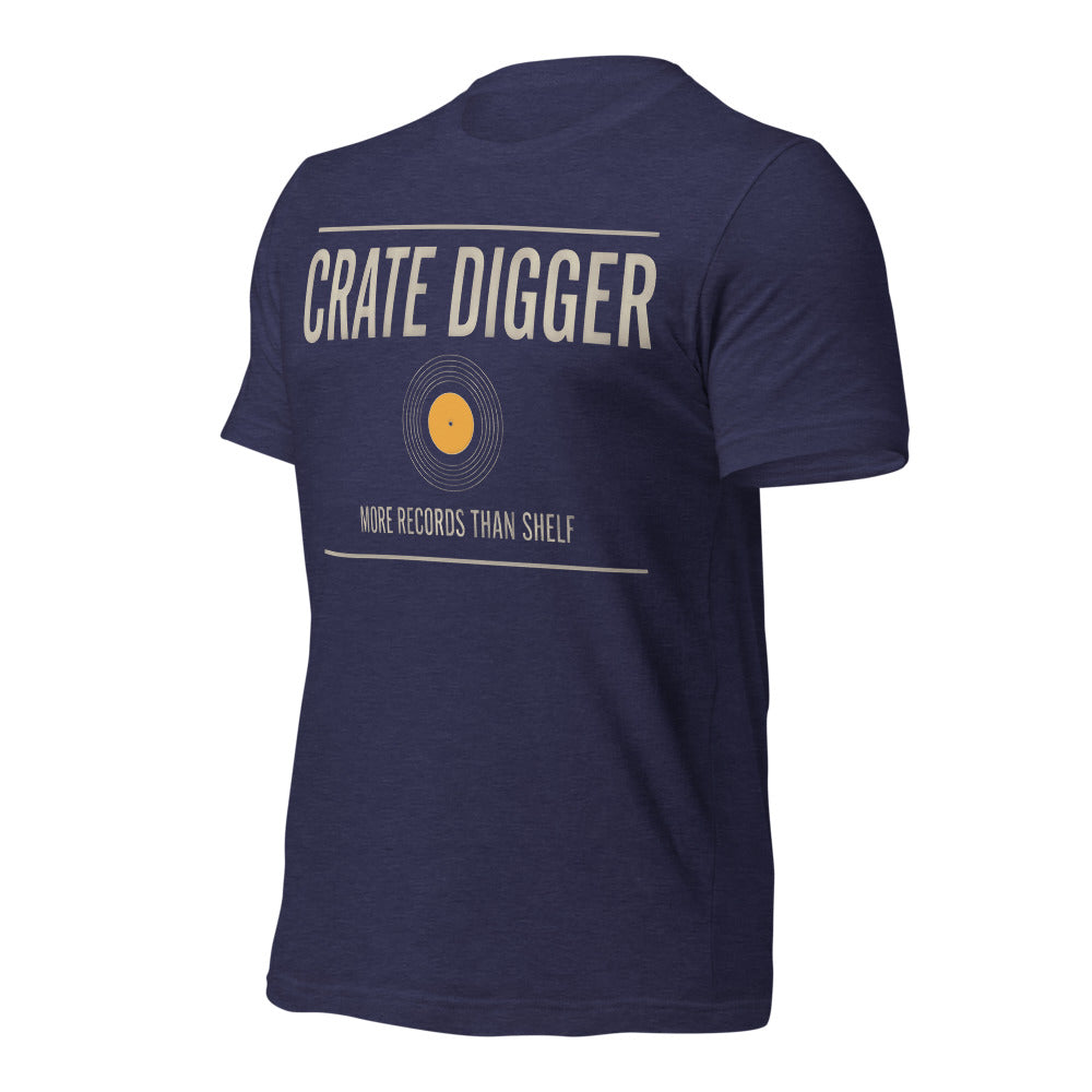 Crate Digger vinyl record tee — Heather Midnight Navy, front-right
