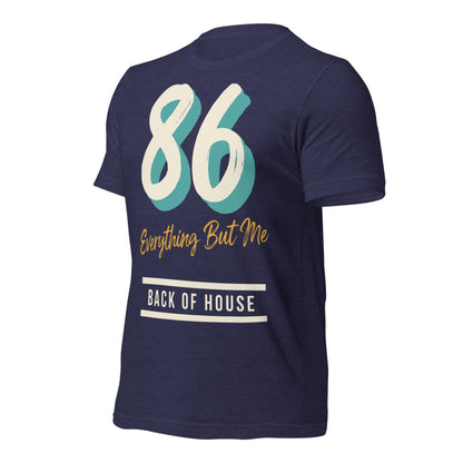 86 Everything But Me line cook back of house t-shirt — Heather Midnight Navy, front-right