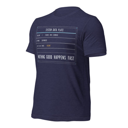 Nothing Good Happens Fast reef system data plate saltwater aquarium t-shirt — Heather Midnight Navy, front-right