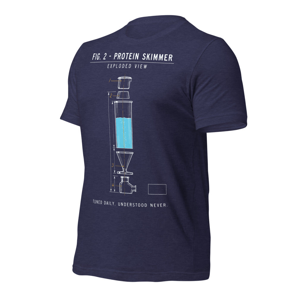 Protein Skimmer Exploded View reef tank saltwater aquarium t-shirt — Heather Midnight Navy, front-right