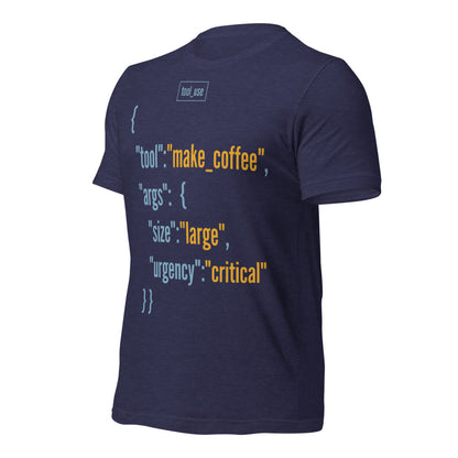 Tool Call Make Coffee AI engineer tee — Heather Midnight Navy, front-right