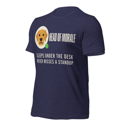 Head of Morale dog profile card unisex t-shirt — Heather Midnight Navy, front-right